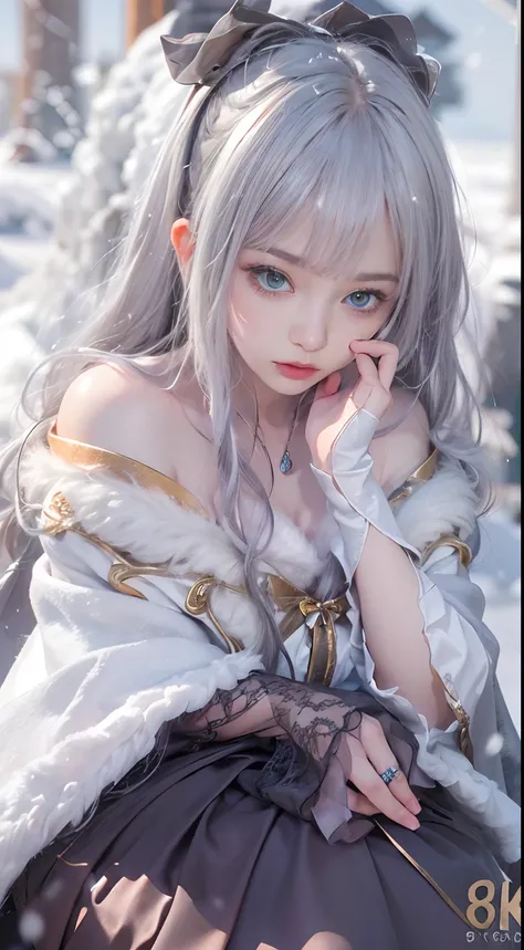 (8K, RAW photo, Photorealistic:1.4)， high resolution, 1 Women, Solo,。.。.。.。.。.3D，Sitting,(Lolita costume)，Wear a flowing skirt， Beautiful eyes, White hair, ringed eyes, (sitted，Cloak，Heavy snow)，snowfield