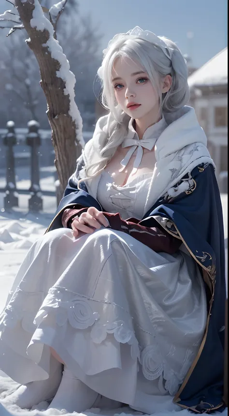 (8K, RAW photo, Photorealistic:1.4)， high resolution, 1 Women, Solo,。.。.。.。.。.3D，Sitting,(Lolita costume)，Wear a flowing skirt， Beautiful eyes, White hair, ringed eyes, (sitted，Cloak，Heavy snow)，snowfield