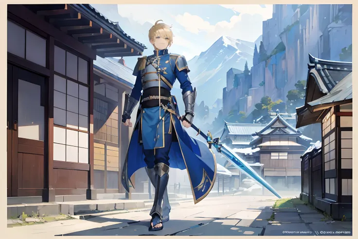 A man holding a blue sword, wearing a blue coat, pair of gauntlets, blonde short hair, full body, with a traditional Japenese house in background, Anime Art style