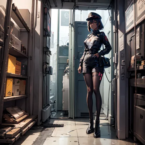 a dark brown skin anime girl wearing dark red full retro military uniform also wearing military hat, cool tomboy, inside a bar a...