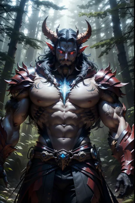 超A high resolution、An ultra-high picture quality、8K、Detailed details、marvelous expression、Fantastic forest landscape、、Fantastic worldview、Upper body view、Devils Devil、1male people、Tattoos all over the face、Horns on the head、glow red eyes、Thin macho、Dressed...