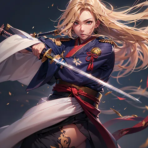 Captain of the Sword Passenger，Female captain，1 persons，a blond，小柄，Japanese Katana Sword，sharp eye，Hakama，Dynamic Pose，masutepiece, High Definition, Perfect composition, Perfect face, Perfect body, Golden ratio, 8K