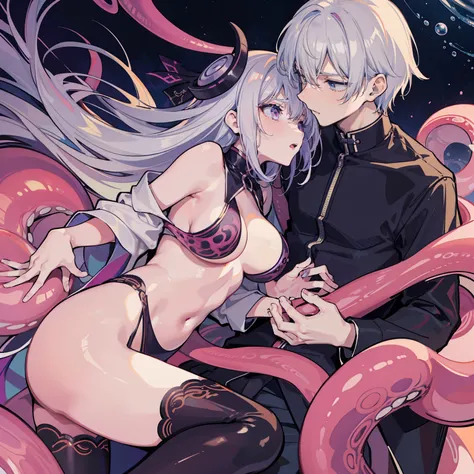 onbed，The white-haired big breasts tentacle eldest lady stretched out her tentacles and grabbed the weak black-haired man next to her，Took off the brunette mans clothes，The white-haired big breasts tentacle loli pressed against the mans body，Knead the mans...