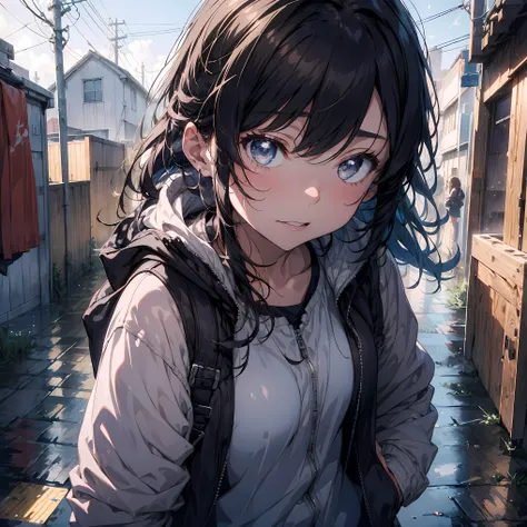 1girl, jacket, rain, outdoor, hoodie, open jacket, chain, backpack, looking at another, messy hair, trending on artstation, 8k r...