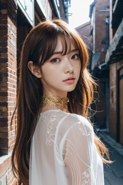 Ultra realistic 8K CG, masutepiece, ((hyper detailed background, Delicate pattern, intricate detailes)), Best Quality, Intricate details, chromatic abberation, 1 Japan girls, Long hair, Golden hair, hair messy, red highlights, Hair over one eye, Sharp eyes...