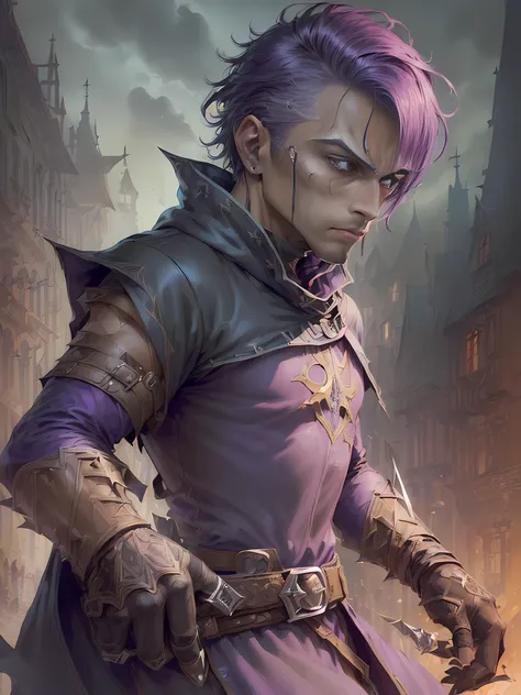 (superfine illustration, Best Quality, Ultra-detailed, Correct delineation, Perfect fingers, Perfect hands, fantasy illust:1.5), (town as background,:1.5), (male mysterious assassin, frown, wearing assassin costume:1.5), (solo, male face, male eyebrow, sha...