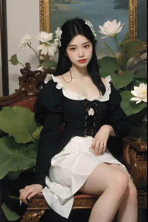 (Oil painting: 1.5),



A woman with long black hair and white flowers in her hair sitting in a lotus flower, white blouse, cyan skirt (Amy Saul: 0.248), (Stanley Atger Liu: 0.106), (a detailed painting: 0.353), (Gothic art: 0.106)