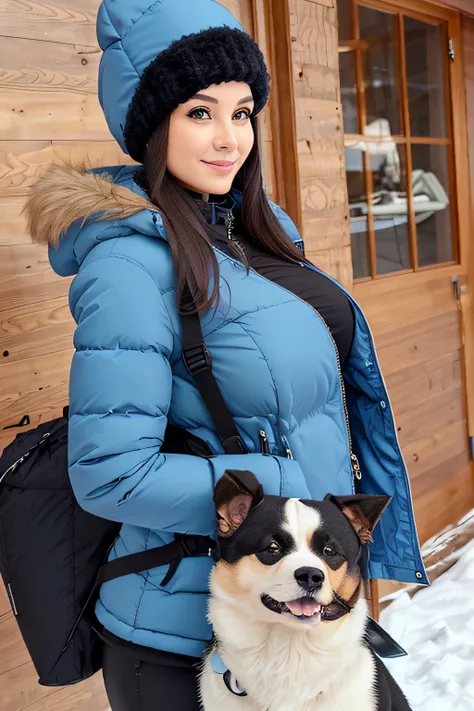 Make a woman with big breast, Blue long winterjacket , with open zipper, with face, body, Lakeside house, travel bag, black pants, dog