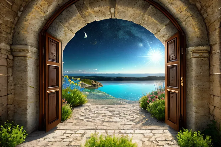 grotte, eau, fleurs, Star sky, Gold forged door,  la plus oeuvre du monde, plantes grimpantes, espace, glinting stars