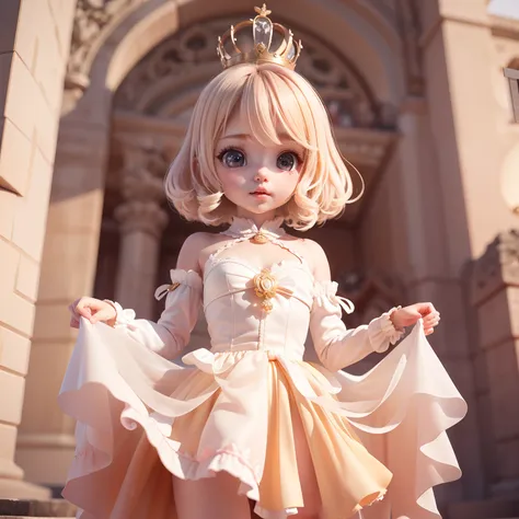 Cute Baby Chibi Anime、(((Chibi 3D))) (Best Quality), (masutepiece)、Pristine white dress with ethereal transparency,(pure), Princess Crown、Standing, (Curtsey:1.5), (Lightly lift the skirt of the dress:1.3) 、Castle Ball、