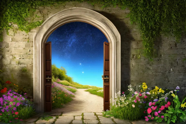 grotte, eau, fleurs, Star sky, Gold forged door,  la plus oeuvre du monde, plantes grimpantes, espace, glinting stars