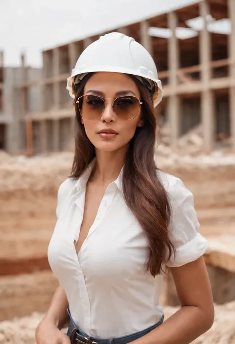 ((Sasha)) An architect in sunglasses and a shirt ((wears a white helmet in front of the construction site)), ((light brown skin tone)), Elegant, sexy, big breasts, close-up, outdoors , cinematic light, masterpiece, Natural lighting, the best quality.