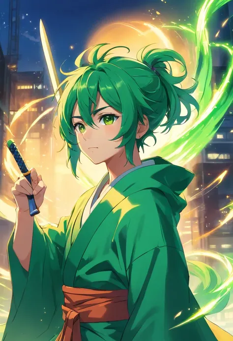 Green hair，brush cut，Male ninja，wearing a green robe，With three knives，With gold stud earrings on his ears