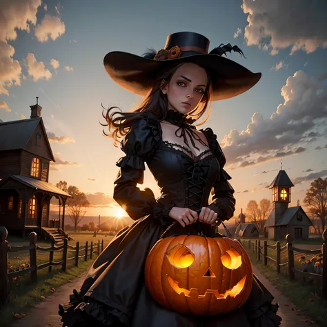 Scarecrow, gothic, fall, Victorian, skulls, pumpkin patch, Halloween, in the style of Boris Vallejo, cute,