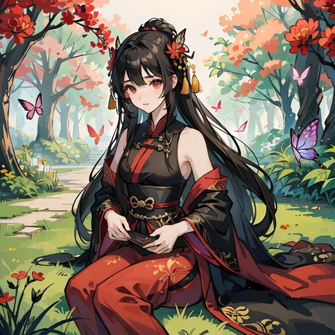 A beautiful girl at 25 yo in black and red hanfu dress playing Gu Zheng in a garden w8th beautiful butterflies --auto