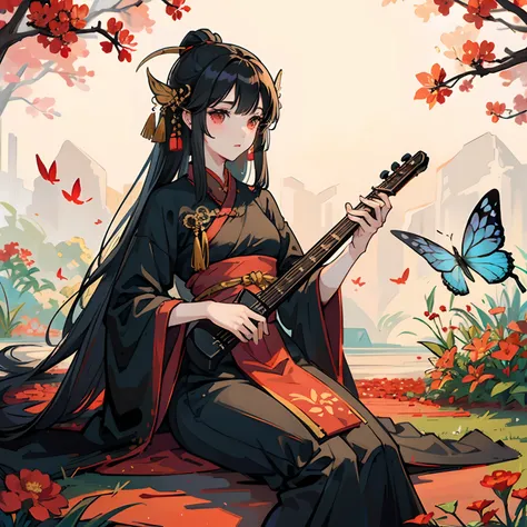 A beautiful girl at 25 yo in black and red hanfu dress playing Gu Zheng in a garden w8th beautiful butterflies --auto