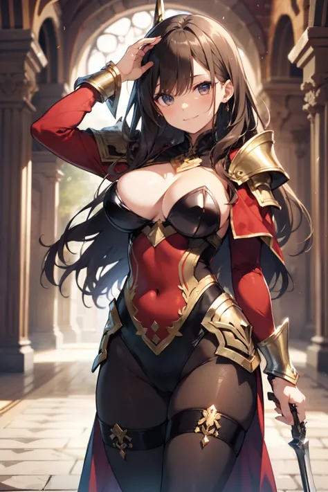 top-quality、Full limbs、complete fingers、Slender beauty、straight haired、Brown hair、(Red High Neck Long Sleeve Leotard:1.3)、Gold patterned leotard、(Brown pantyhose:1.3)、red cloak、Western armor、Iron breastplate、Iron shoulder rest、Iron Gauntlet、Iron shin pad、B...