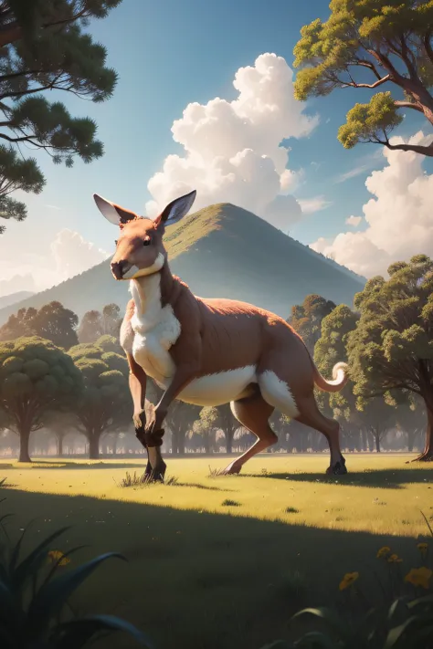 Create a giant kangaroo that is in a meadow of trees that look small, todo en 4k