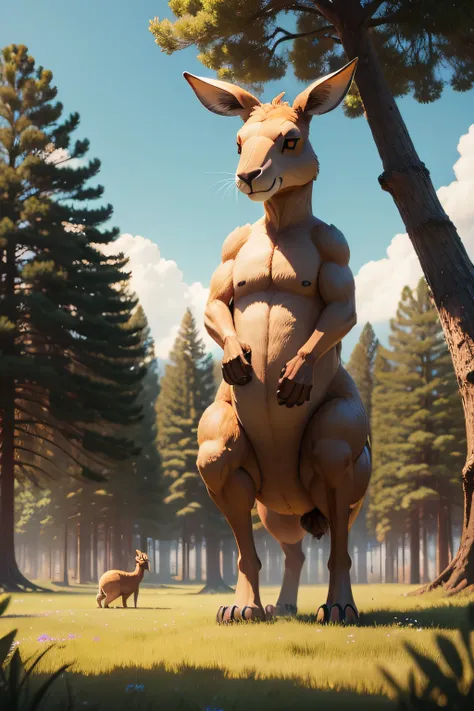 Create a giant kangaroo that is in a meadow of trees that look small, todo en 4k