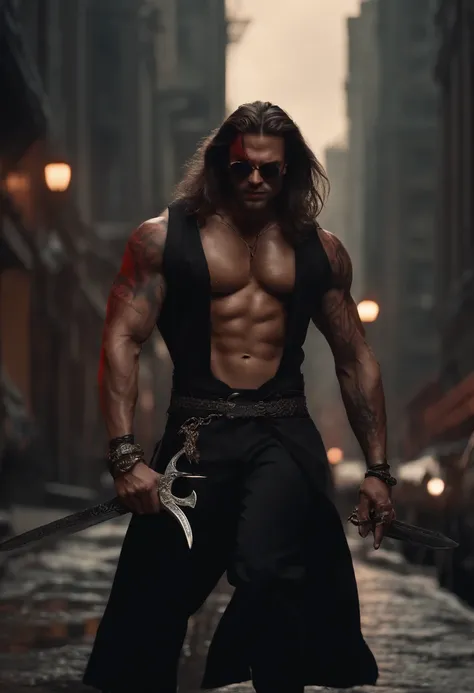 Well-muscled and realistic demon with sharp teeth and claws, with long hair and red skin, with tribal tattoos on his arms and sunglasses with dress shirt and black pants with a sword, hangs on his back, walking through the city from day to night with the m...