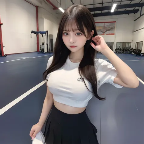 A Japanese Lady。hi-school girl。sixteen years old。JK2。Eros。huge tit。Lori。a baby face。Wearing tight gym clothes。The background is a gymnasium warehouse。on the mat。Straight medium hair。Black hair color。Smooth skin。high-level image quality。