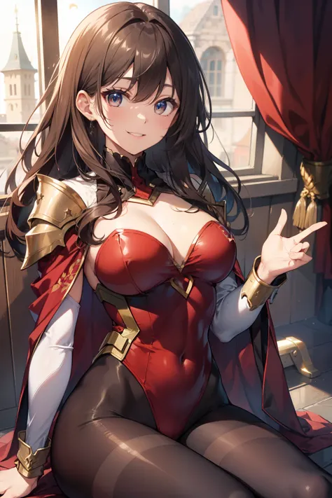 top-quality、Full limbs、complete fingers、Slender beauty、straight haired、Brown hair、(Red High Neck Long Sleeve Leotard:1.3)、Gold patterned leotard、(Brown pantyhose:1.3)、red cloak、Western armor、Iron breastplate、Iron shoulder rest、Iron Gauntlet、Iron shin pad、B...