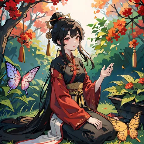 A beautiful girl at 25 yo in black and red hanfu dress playing Gu Zheng in a garden w8th beautiful butterflies --auto