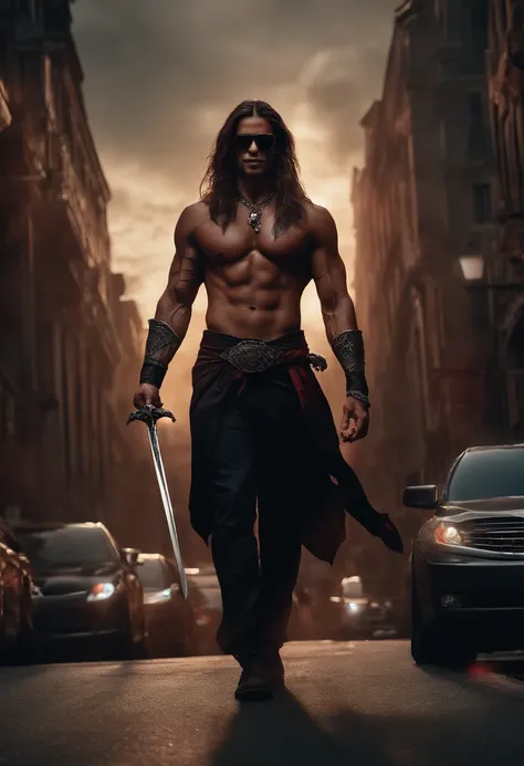 Well-muscled and realistic demon with sharp teeth and claws, with long hair and red skin, with tribal tattoos on his arms and sunglasses with dress shirt and black pants with a sword, hangs on his back, walking through the city from day to night with the m...