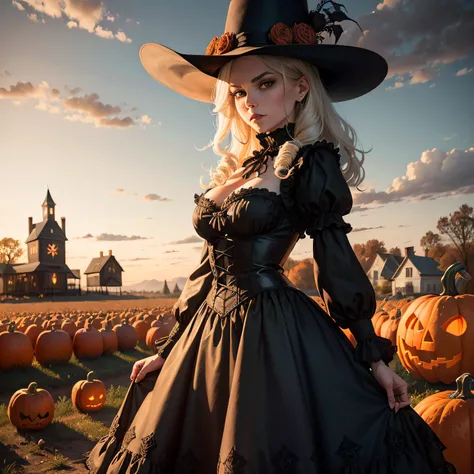 "Gothic scarecrow in a Victorian fall setting, surrounded by pumpkin patches and spooky skulls, giving off a Halloween vibe, with a cute twist, inspired by the style of Boris Vallejo."