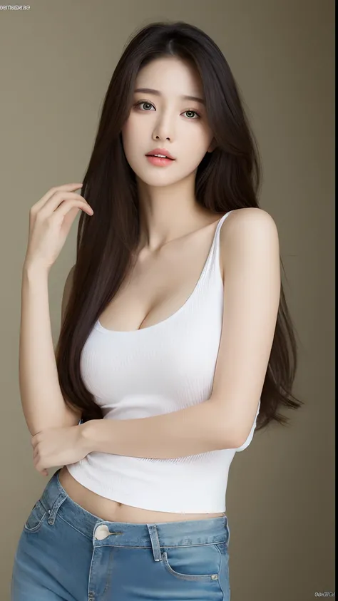 （Lifelike， A high resolution：1.3）， 1 girl with a perfect body， Super fine face and eyes，long whitr hair， Tank top of random colors：1.2， short jeans pants， Bigboobs，Expose cleavage