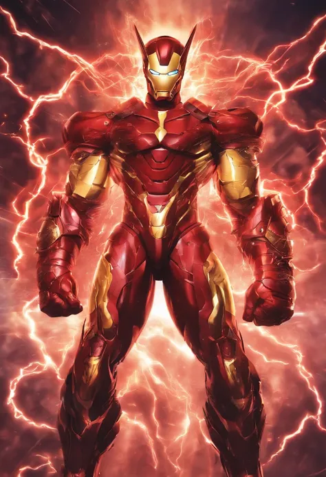 realistic 3d rendering of Iron man fused saint seiya, surrounded by lightning, big muscular, full body photography, hyperrealistic