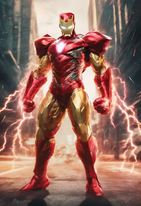 realistic 3d rendering of Iron man fused saint seiya, surrounded by lightning, big muscular, full body photography, hyperrealistic