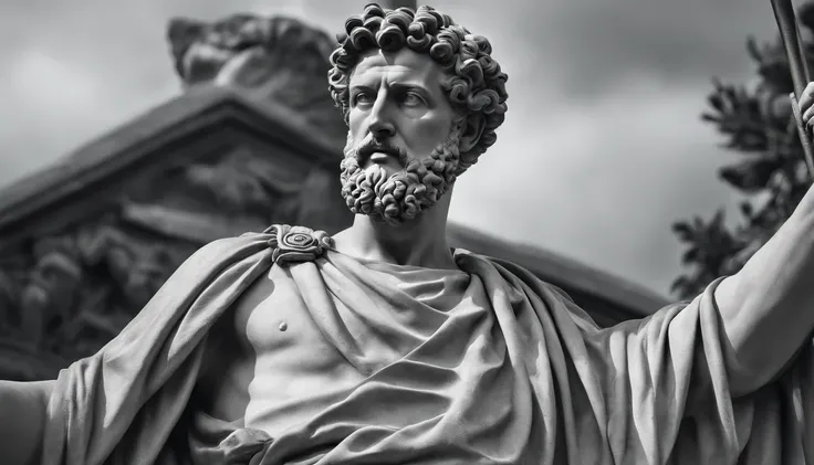 a portrait statue of the stoic Marcus Aurelius in black and white 4K,Face de lado, papel de parede super realista