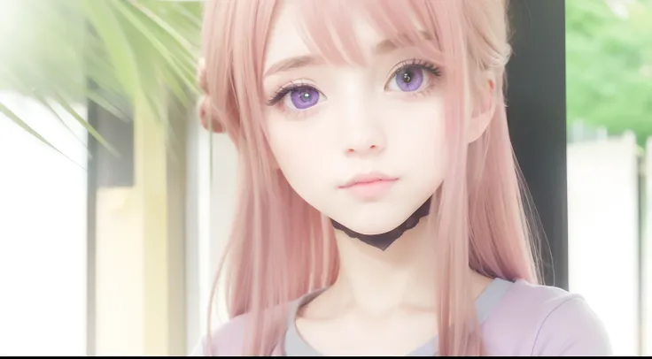 Details, 1girl, Peach hair, Purple eyes, Pink Clothes,