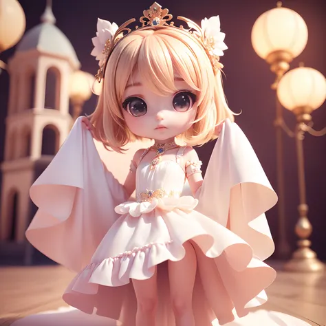 Cute Baby Chibi Anime、(((Chibi 3D))) (Best Quality), (masutepiece)、Pristine white dress with ethereal transparency,(pure), Princess Crown、Standing, (Curtsey:1.5), (Lightly lift the skirt of a long dress:1.4) 、Castle Ball、Pumps with flower motifs、(tchibi:1....