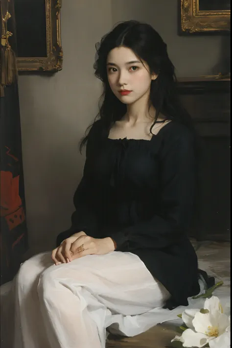 (Oil painting: 1.5),



A woman with long black hair and white flowers in her hair sits in front of a European oil painting (Amy Saul: 0.248), (Stanley Atger Liu: 0.106), (a detailed painting: 0.353), (Gothic art: 0.106)