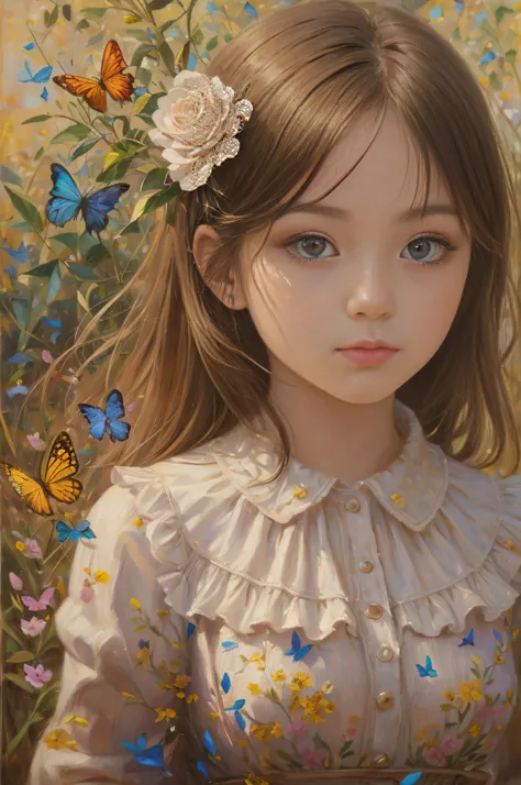 ​masterpiece、top-quality、Very delicate and beautiful girl、A lot of butterflies、coloured butterflies、Beautiful fece、In the vast steppes、Old castle on a hill、ultra-detailliert、ighly detailed、top-quality、short brown haired、Brown-eyed、The upper part of the bod...