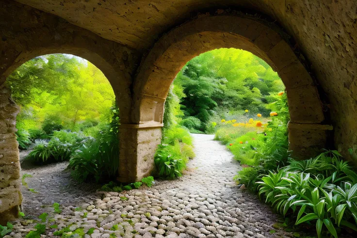 grotte, Eau, fleurs, ,porte, la plus oeuvre du monde, plantes grimpantes, espace,