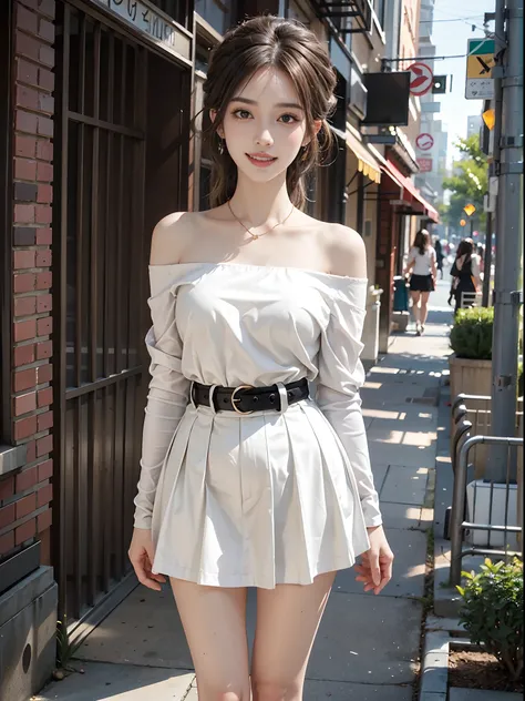 ((full body)), ((Random shooting angle)), ((realistic)), 1girll, posed for photo, Outdoor scene, Stand up, Pleasing posture, pretty legs, looking at viewert, Detailed scenes, curlies, Air bangs, Beautiful hair accessories, Brownish-yellow hair, light make-...