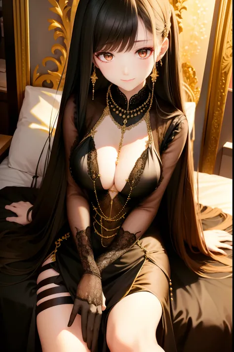 1 pretty girl，black dressed evening dress，clothes details，The clothes have intricate gold lines，pearls necklace,white skinned，looking at viewert，Brown eyes，Realistis，sit on a bed，ssmile，low chest，medium boob