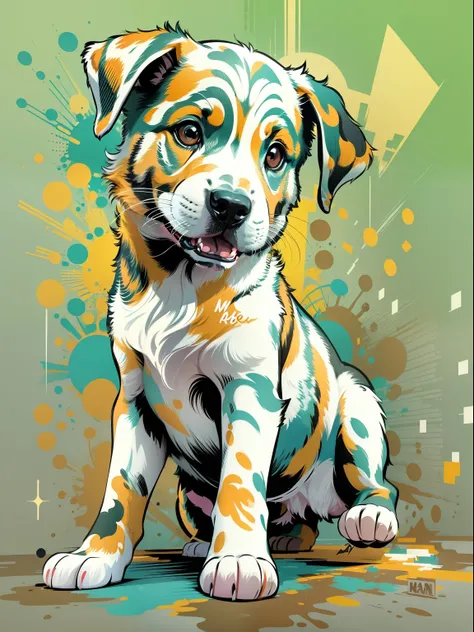 vector, Printable colorful graffiti, Puppy illustration, action SHOT, high detailing, white backgrounid