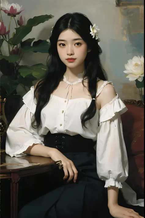 (Oil painting: 1.5),



A woman with long black hair and white flowers in her hair sitting in a lotus flower, white blouse, cyan skirt (Amy Saul: 0.248), (Stanley Atger Liu: 0.106), (a detailed painting: 0.353), (Gothic art: 0.106)