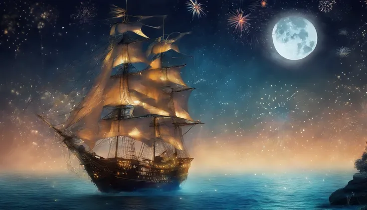 sailing ship, sea, moonlight, (firework), particle effects, Magical realism, (((Mystical moonlit scenes)))