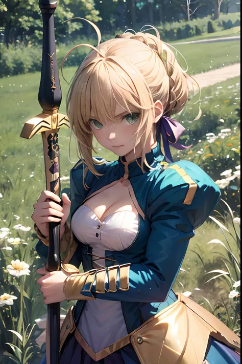 Masterpiece, Best quality, A high resolution, BBSABER, Green eyes, ahoge, Field, standing, sword, Excalibur (fate/stay night), Outdoors, cleavage