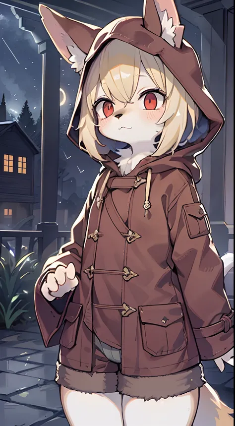 tachi-e，Shota the fox，hairy pubic，shaggy，Skin fur，Golden fur，Golden yellow face fur,Short straight blonde hair，Eyes have light，Red eyes，Brown elements on fur，Brown coat brown hood up，Star pattern white top，brown shorts，Beautiful lights and shadows，Ambient ...