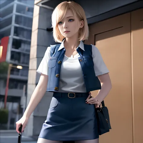 Screenshots of PlayStation 5, 1. Super Detail Woman、Android 18、独奏、blonde  hair、((Blue eyes))、short-hair、耳Nipple Ring、jewely、Denim Vest、open vest、Black pantyhose、White shirt、Denim skirt、 Short sleeves with black stripes,,,,,, a blue skirt, middlebreasts, Co...