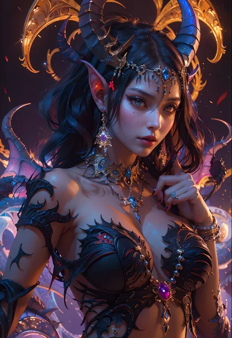 (masterpiece, top quality, best quality, official art, beautiful and aesthetic:1.2), (1 beautiful sexy ((Succubus demon)) wearing jewelry), (dynamic pose), cowboy shot, extremely detailed, (fractal art:1.3), colorful, highest detail, ((nsfw, naked)) ((cine...