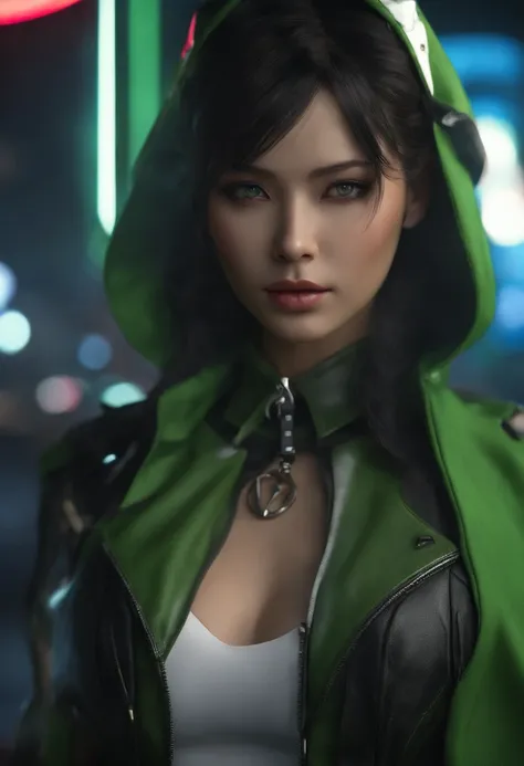 (masutepiece, Best Quality, 8K, Sharp Focus, depth of fields, Best Shadows, perfect lights, nffsw, Realistic skin texture, hyper detailed background), Anime style, Long angle shots, ((cyberpunk theme)), Solo, 1 woman, She is a mercenary, (Green eyes, White...