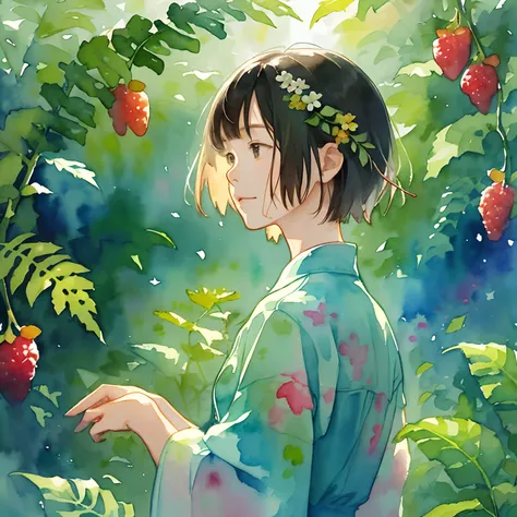 ((super detailed), #3b4195背景, beautiful flowers, berries, ferns, leaves, watercolor pattern of calming colors), (watercolor texture), ((1 girl), short hair, cute,