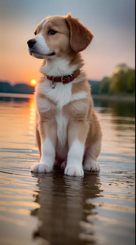 cute puppy near the lake looking at the sunset --auto --s2